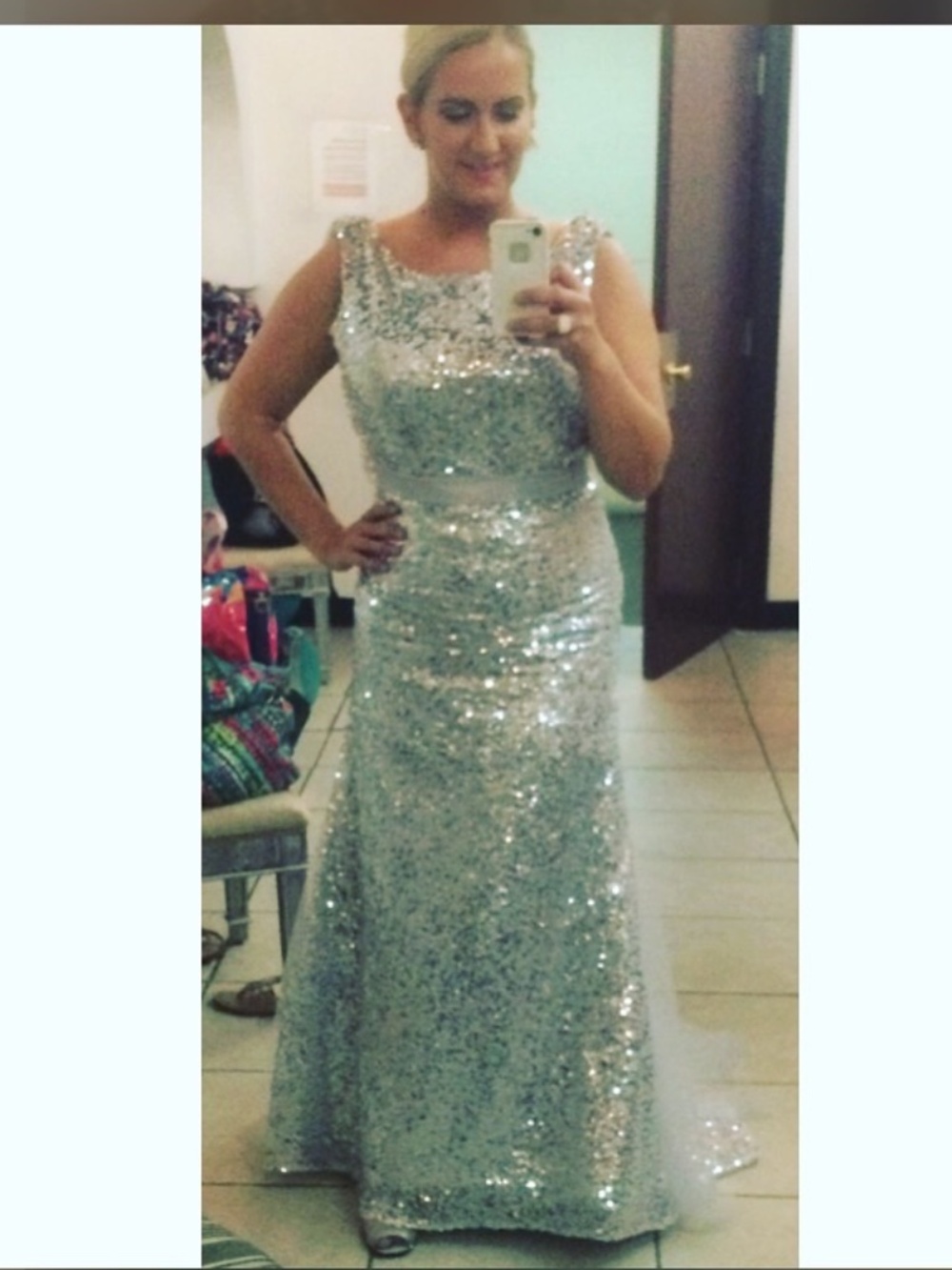 Vintage Silver Micro-Sequin Cowl Draped Back Evening Gown Size 8
